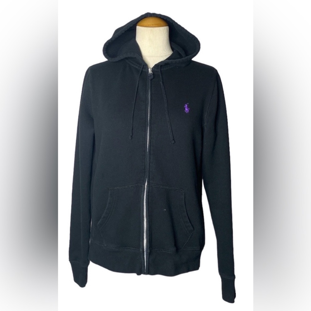 Ralph Lauren Black Hoodie with Purple Logo Size Large